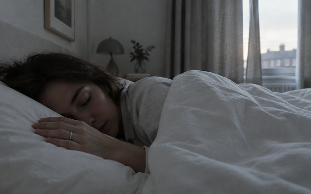 A person asleep under white linen bedding with a slim smart ring visible on their hand