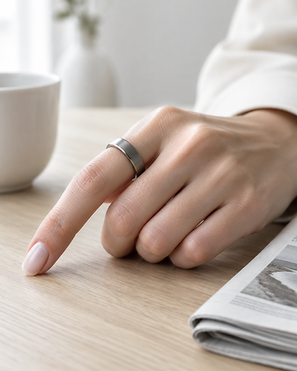 A slim titanium LYNX smart ring worn on the index finger of a hand resting on a desk